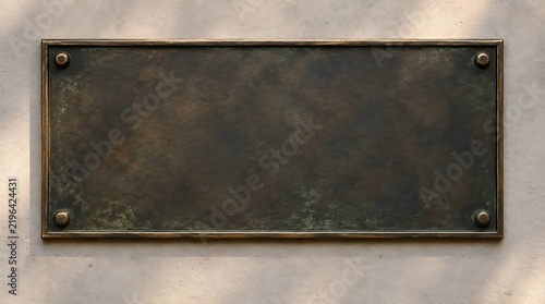 Blank antique bronze plaque with weathered patina mounted on a neutral wall. Rectangular metal nameplate with corner rivets, perfect for historical or industrial signage mockups.