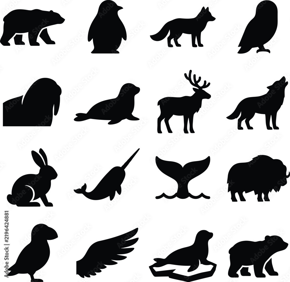 Fototapeta premium Collection of animal silhouettes showcases various wildlife forms against a white background