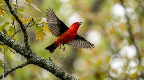 Vibrant red bird with black wingtips flying through a lush green forest with blurred foliage background