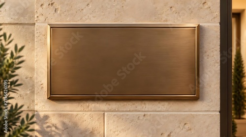 Elegant blank gold metal plaque mounted on a textured stone wall, suitable for corporate branding, building identification, or office signage mockup.