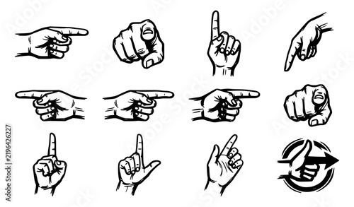 Pointing Hand Your Fault Gesture Icon Set, Hand Drawn Accusing Finger Black White Vector Symbols