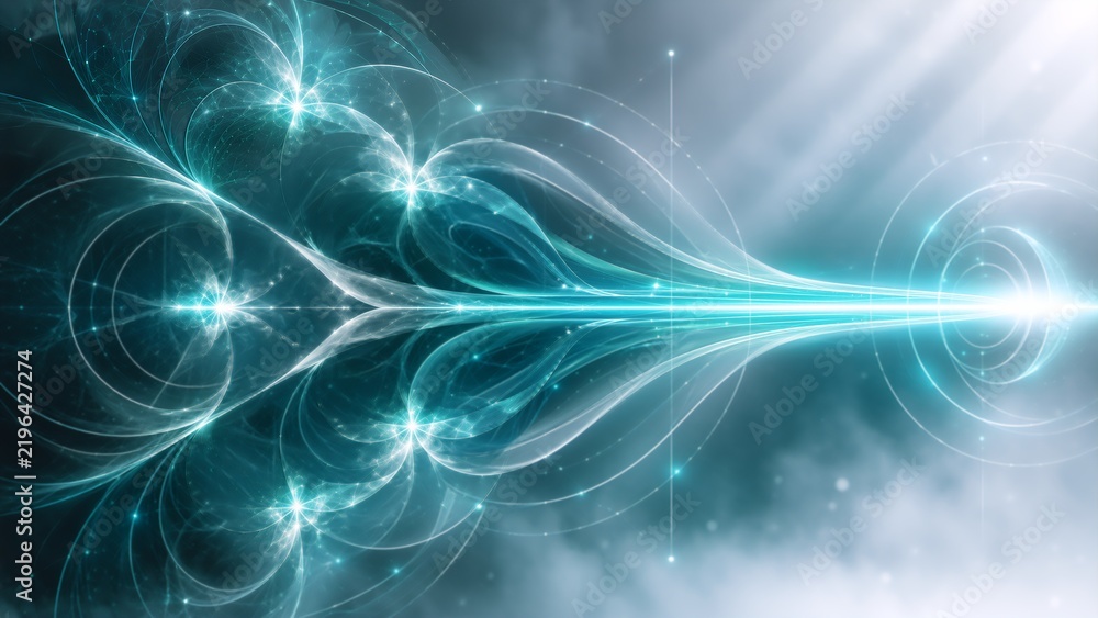 Fototapeta premium Glowing turquoise energy lines sweep across a bright abstract background with circular light trails and soft mist, creating a futuristic and dynamic digital concept.