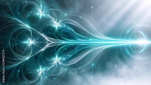 Glowing turquoise energy lines sweep across a bright abstract background with circular light trails and soft mist, creating a futuristic and dynamic digital concept.
