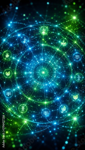 Glowing blue and green digital network with circular connections and sustainability icons, illustrating smart eco technology, renewable energy, and data connectivity.
