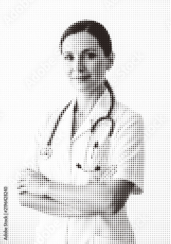 Abstract halftone portrait of a person created with black dots on a white background isolated on transparent background, illustration