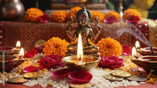 Traditional Hindu Puja Altar Setup with Goddess Lakshmi Idol, Lit Oil Lamps, Marigold Flowers, and Offering Coins for Spiritual Prosperity and Religious ... See More