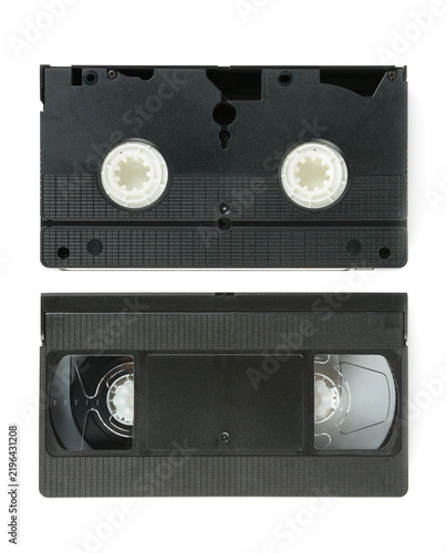 Vintage VHS Videocassette Tapes Displaying Front Side and Back View Isolated on White Background with Copy Space for Retro Media Storage and Video Recording Concept