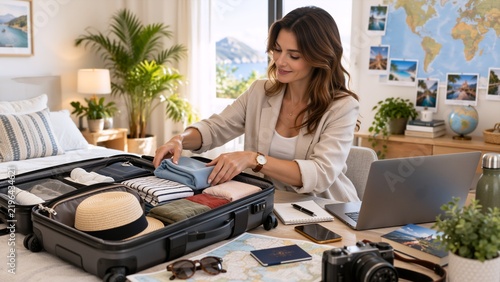 Woman packing a suitcase at a home office desk with clothes, hat, passport and laptop, preparing for a trip in a bright modern interior with a world map on the wall.