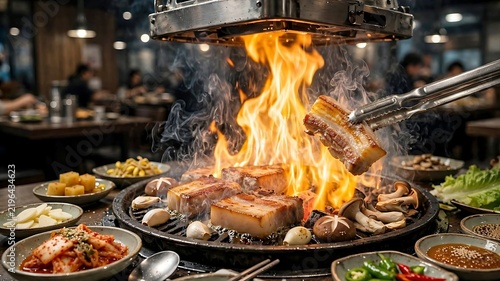 High-end BBQ dining restaurant showing tongs holding a sizzling, thick-cut pork belly slice over the charcoal grill with a powerful flame rising, surrounded various traditional side dishes 