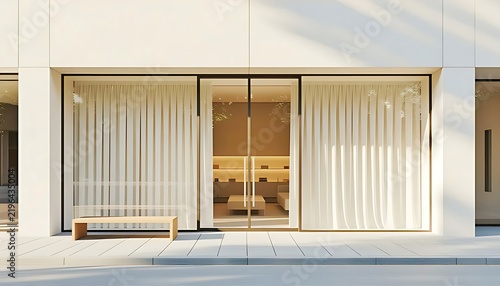 Minimalist concrete building facade with a rectangular framed glass display window with cream curtains set against smooth concrete wall with a long wooden bench at front on concrete sidewalk