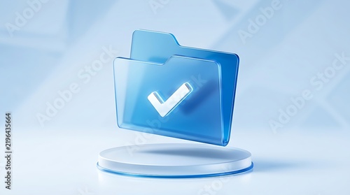 3D glossy blue folder icon with a white check mark symbol floating on a pedestal for file management and data storage