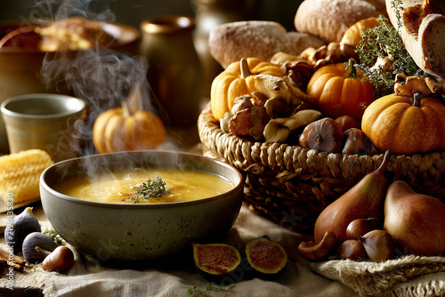 Luxury autumn lunch with steaming creamy pumpkin soup and an oversized harvest basket