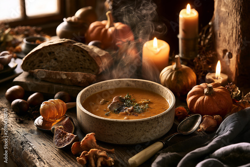 Luxury autumn lunch with steaming creamy pumpkin soup and an oversized harvest basket