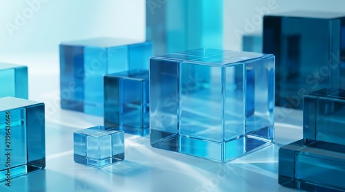 Blue glass cubes in an abstract 3D rendering for architecture and construction concepts.