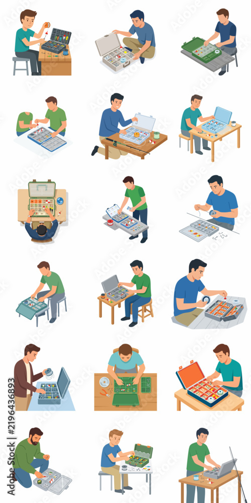 Fototapeta premium Set of flat vector illustrations depicting men engaged in diverse activities such as packing boxes, working at desks, repairing equipment, manufacturing, and shipping goods on a white background.