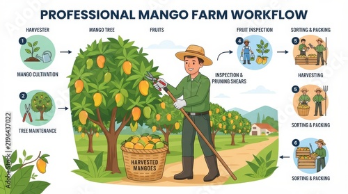 Infographic showing professional mango farm workflow with farmer harvesting fruit in orchard