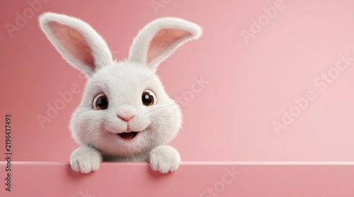 Adorable Easter bunny peeking over a pink ledge, perfect for seasonal kids products and ads.