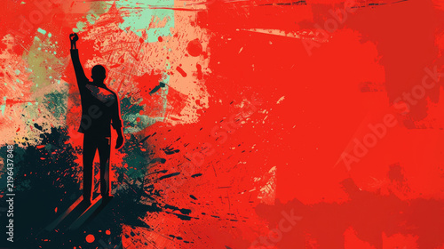 watercolor illustration, Human Rights Day, silhouette of a man with his fist up, red background, vintage postcard, horizontal banner, copy space, free space for text