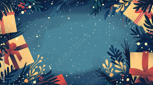 Vintage watercolor postcard for Christmas and New Year with festive gifts on a blue background. Horizontal banner with paint texture and copy space for holiday greetings and text