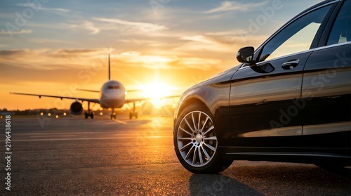 Business travelers premium airport shuttle experience with a luxury sedan and airplane at sunset.
