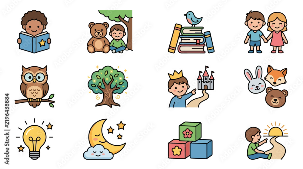 Obraz premium Minimalist Colorful Children s Set Featuring Reading Nature Imagination and Playful Learning Concepts