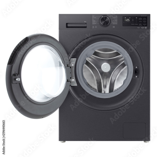Modern black front load washing machine isolated on white background