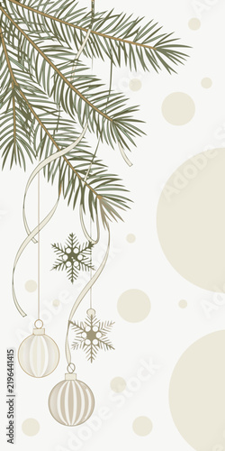 Elegant Christmas pine branches with hanging ornaments and snowflakes