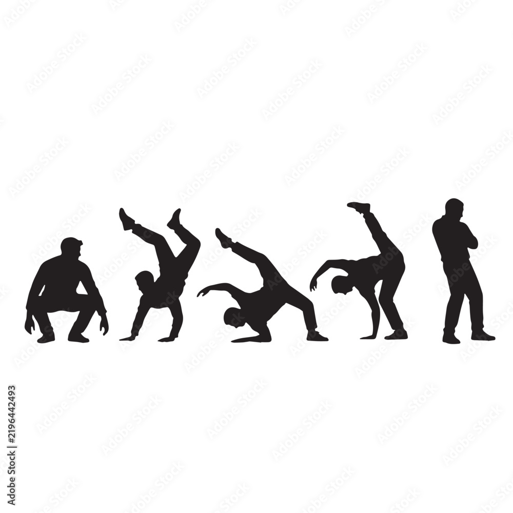 Obraz premium Black Hip Hop Breakdancer poses Silhouette Vector, High Quality Illustration on White Background