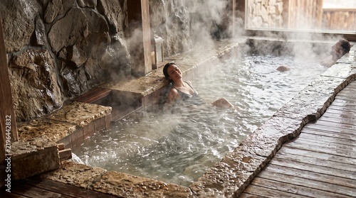 Indoor Hot Springs Pool.. A woman relaxes blissfully in a steaming hot tub with natural stone walls. This peaceful spa setting offers a serene escape for wellness and rejuvenation.