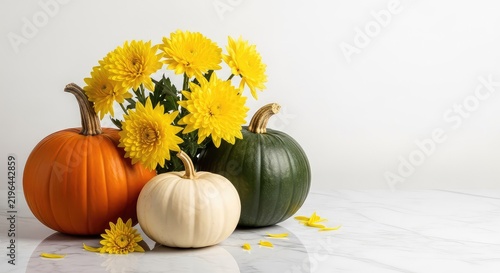 Elegant pumpkins and yellow chrysanthemums placed on a white marble surface, capturing the warm and rustic essence of the autumn season, leaf, arrangement, abundance