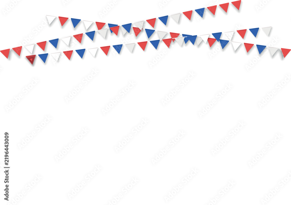Fototapeta premium patriotic red, white, and blue party bunting garland overlay with triangular pennant flags isolated on white background for 4th of july, election, and victory celebration frame design