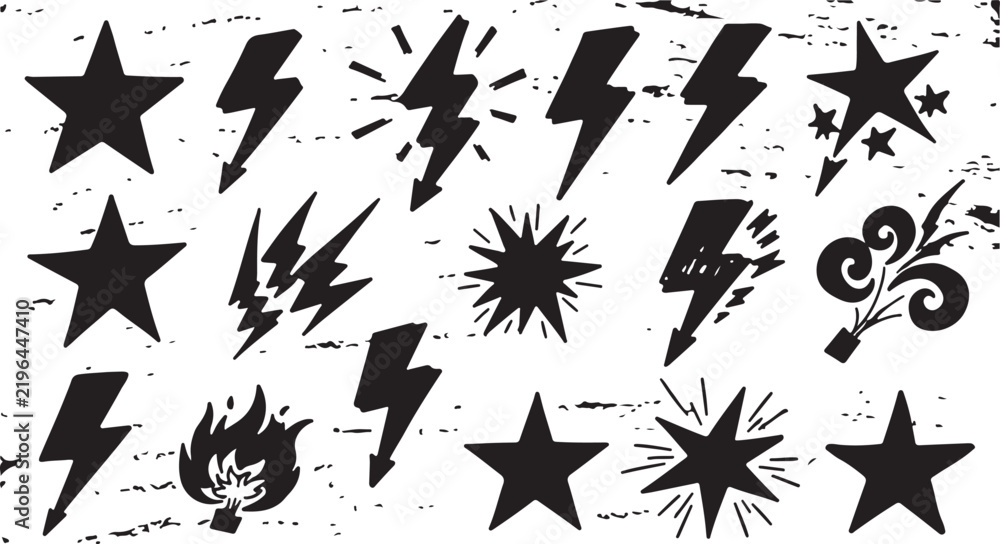 Fototapeta premium A collection of retro black lightning bolts, explosive sparks, and star vector icons on a textured white background. 