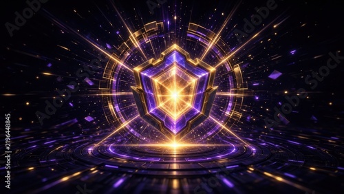 Futuristic Golden Shield with Purple Energy Light Rays