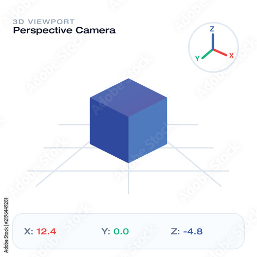 Obraz na płótnie 3D Viewport Interface Element with Blue Isometric Cube and XYZ Axis Gizmo for So