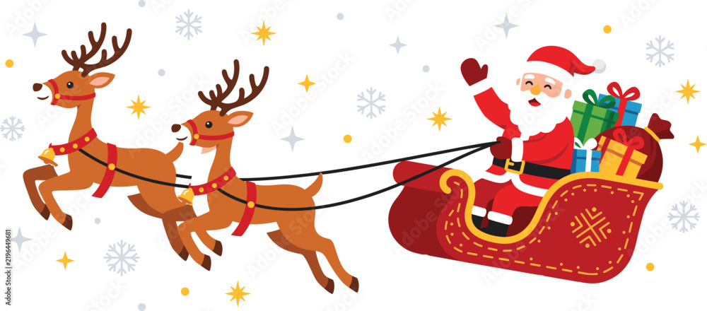 Obraz premium Santa claus riding a sleigh pulled by two reindeer with christmas gifts, festive holiday illustration