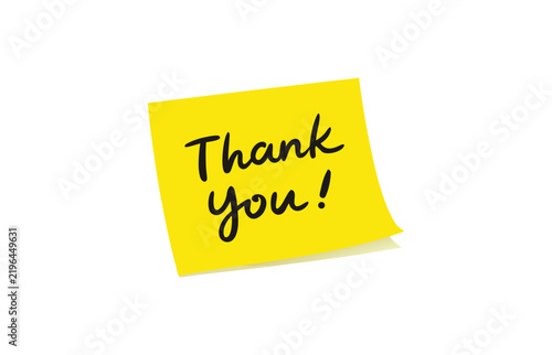 Yellow sticky note with Thank You text, handwritten message on adhesive paper, gratitude reminder vector illustration