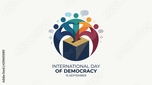 Diverse group of abstract people figures surrounding a voting ballot box illustration created for international day of democracy to celebrate global participation and civic engagement in a colorful 