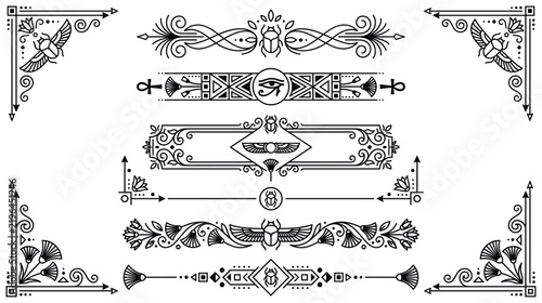 Black egyptian style graphic elements featuring scarab beetles and symbols for minimalist layout decoration.