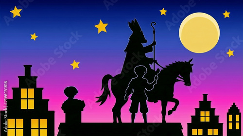 Sinterklaas, Saint Nicolas and black pete on Rooftop with Horse at Night. traditional Sinterklaas figure arriving on rooftops with a horse. Dutch and Belgian Saint Nicholas theme. seasonal greeting ca