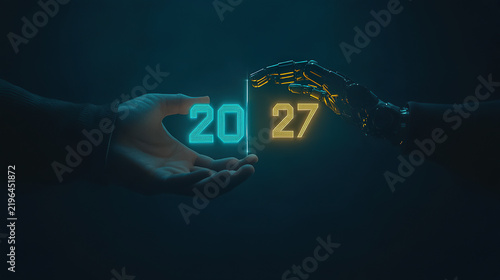 Human and robot hands splitting the year 2027. With ia