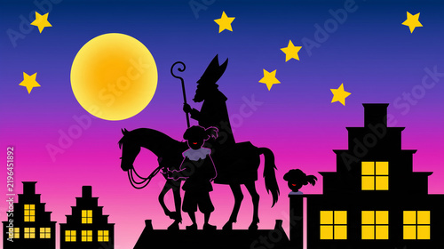 Sinterklaas, Saint Nicolas and black pete on Rooftop with Horse at Night. traditional Sinterklaas figure arriving on rooftops with a horse. Dutch and Belgian Saint Nicholas theme. seasonal greeting ca