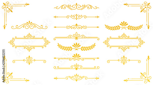 Collection of decorative gold scroll borders and floral page dividers for elegant stationery and event design.