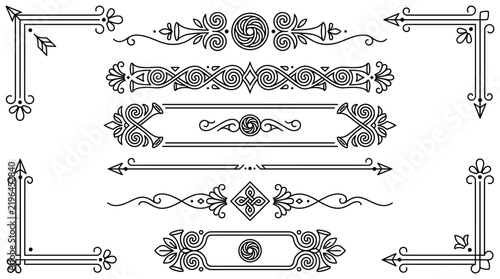 Elegant thin line ornamental divider set with celtic knots and arrows for invitations and card design.