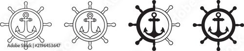 Nautical Ship Wheel Anchor Icon Set.