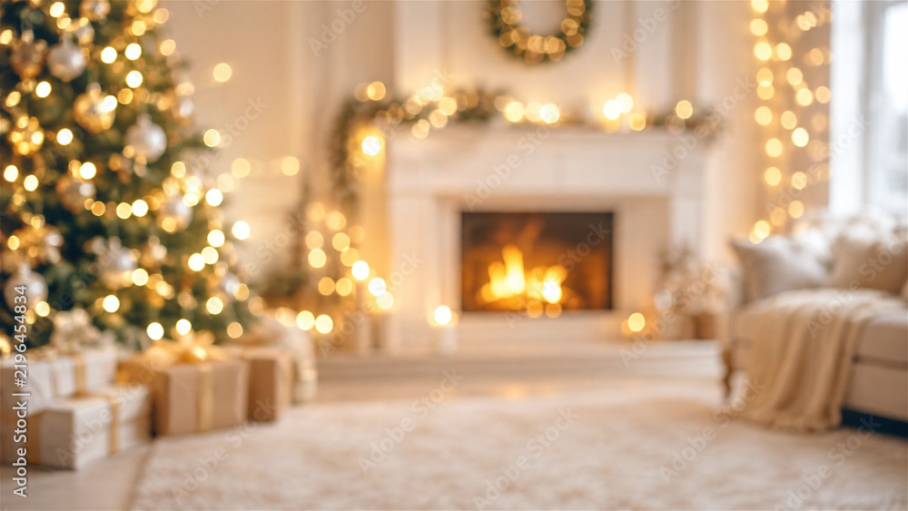 Obraz premium blurred decorated Christmas living room with glowing tree, wrapped gift, and lit fireplace. Soft bokeh lights create a cozy holiday interior. Festive seasonal background