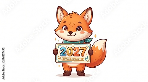 Cute cartoon fox character holding a 2027 new year sign against a clean white background