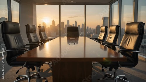 Modern Conference Room with Leather Chairs and a Cityscape View, Slowly Panning Across the Table and Windows During Sunrise.