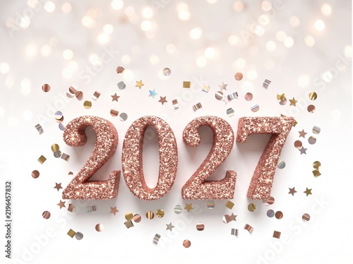 Sparkling metallic 2027 year text display with festive confetti on neutral background