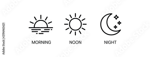 Time of day icons representing sunrise, daytime, sunset, nighttime, daily routines, scheduling apps, weather forecasting, and modern interface design.