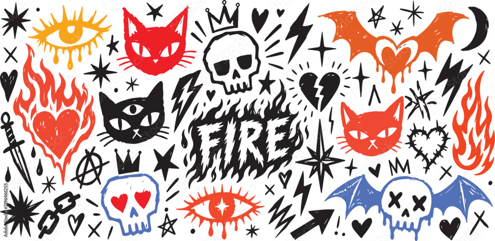 Obraz premium Collection of hand-drawn punk rock doodles including skulls cats hearts and fire elements perfect for edgy graphic design and alternative art